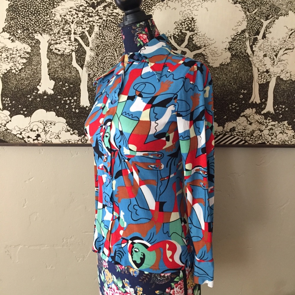 Vintage Blue Graphic Long Sleeve Button Down Shirt